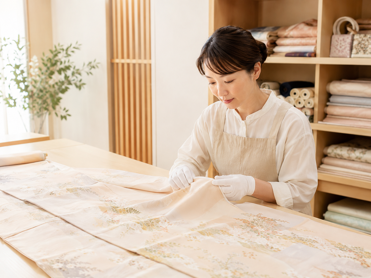 着物の状態を確認しながらお手入れを行うスタッフ