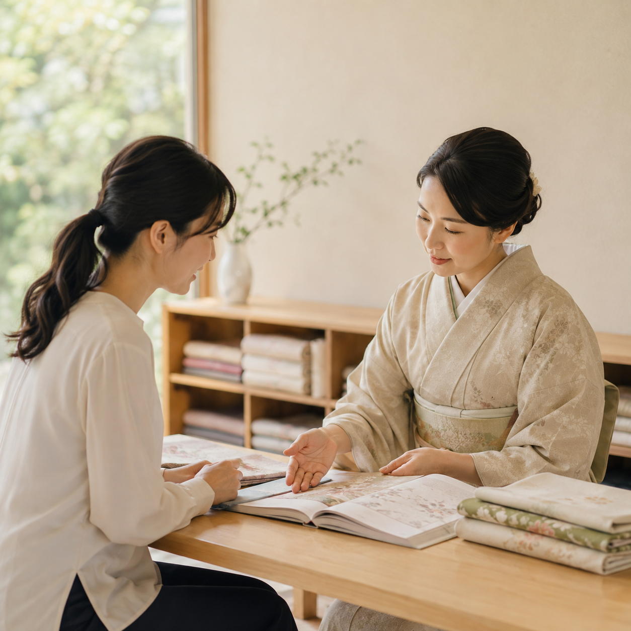 着物について相談するお客様