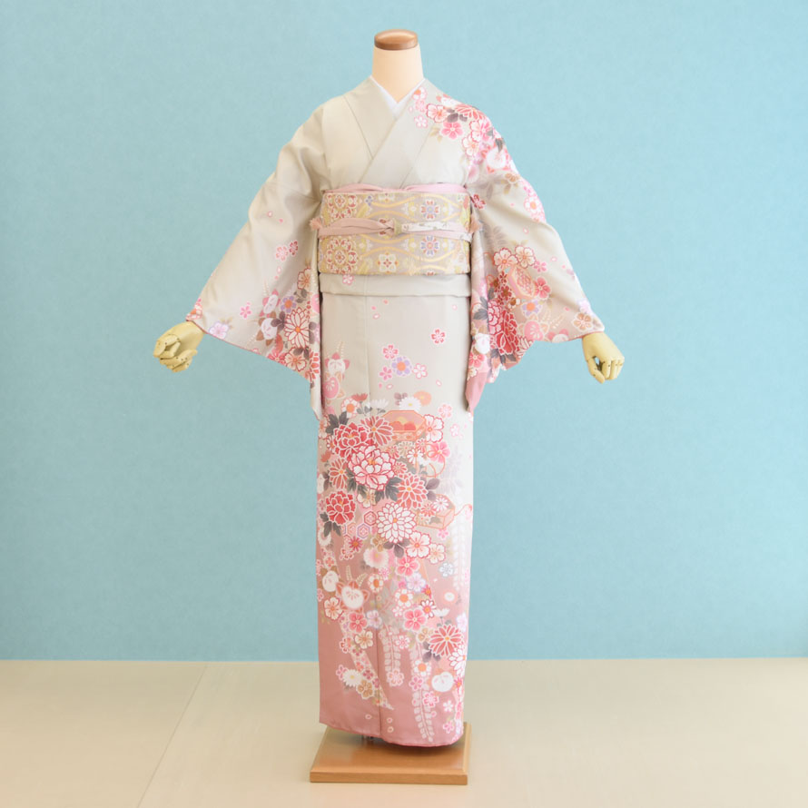 訪問着 くすみ淡黄緑 花・古典 HM-002