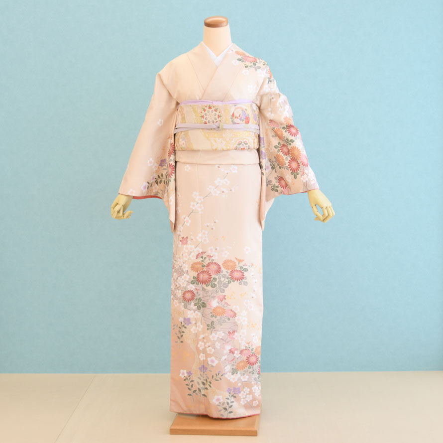 訪問着 ベージュ 花 HM-006
