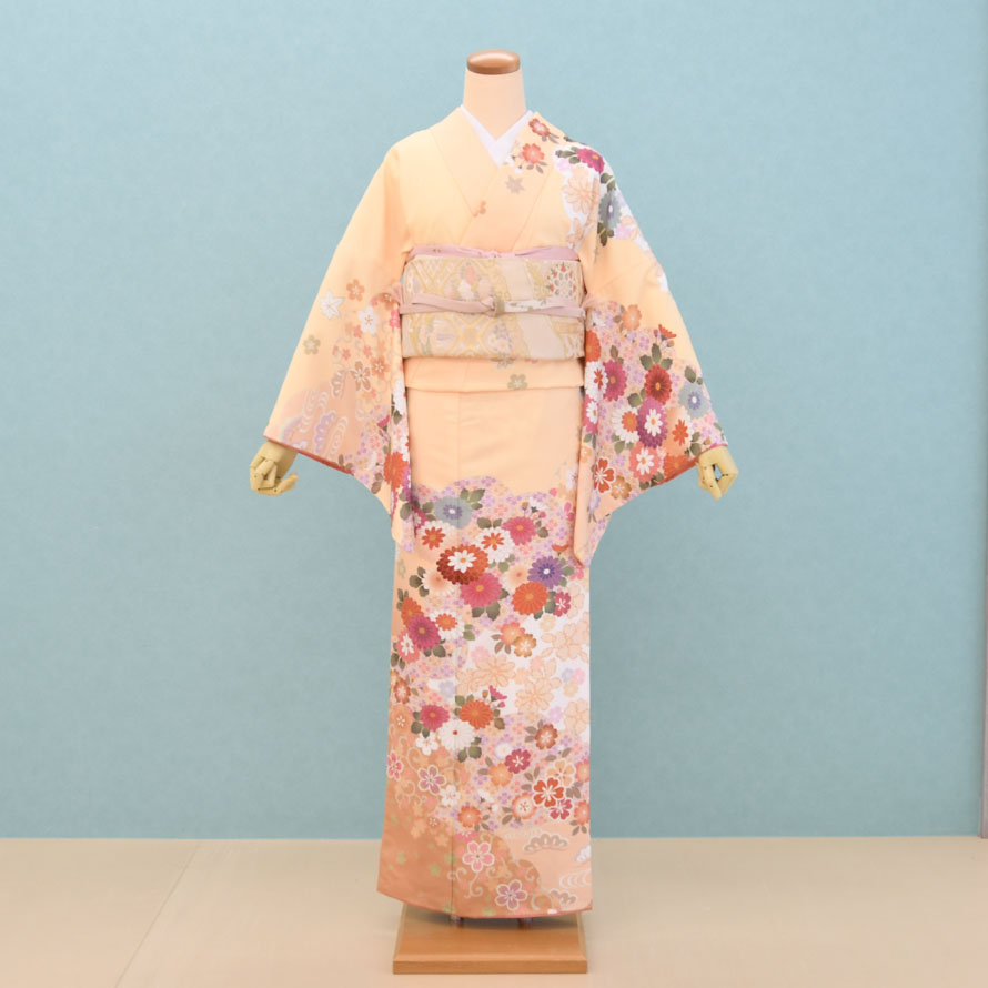 訪問着 濃クリーム色 菊・花・雲取り HM-017