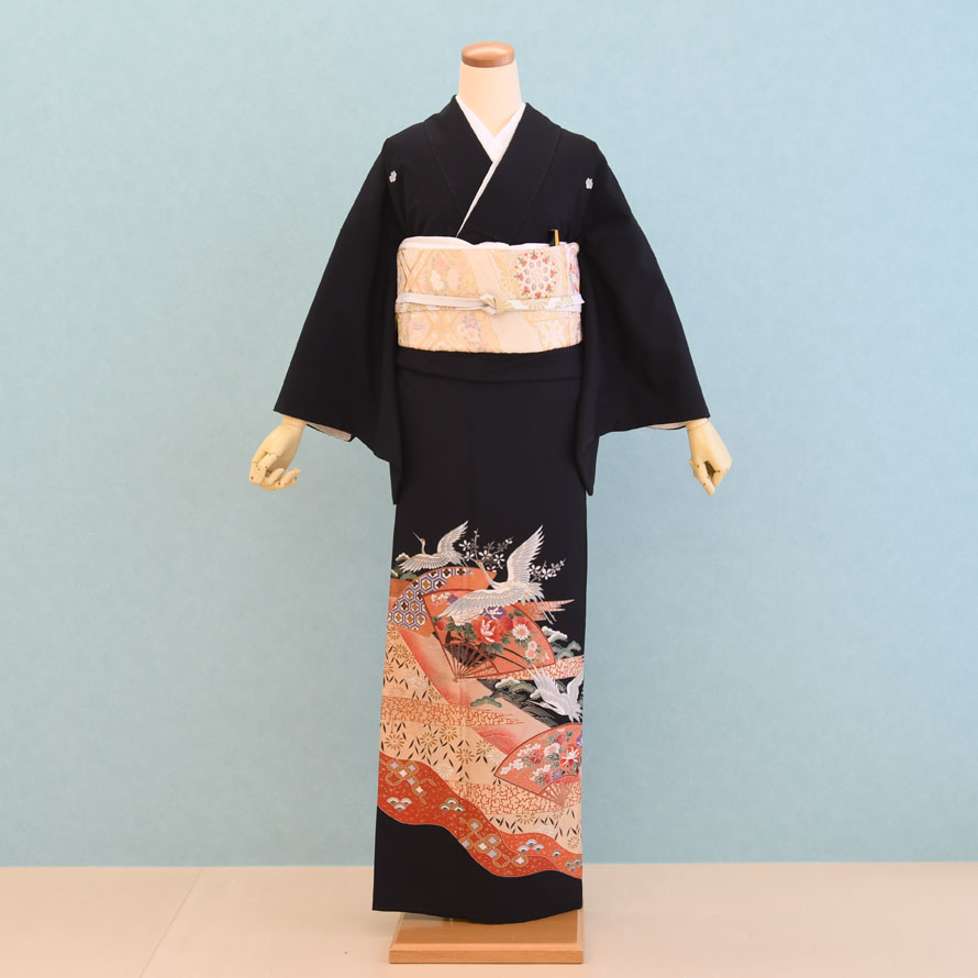 留袖 朱色 扇面・鶴 TS-002