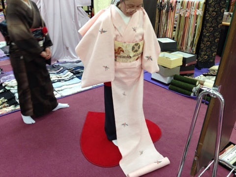 ピンクの真綿紬の着尺